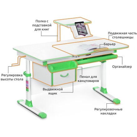 Детский стол Mealux Evo-40  EVO-40  Z - столешница белая / ножки белые с зелеными накладками  три коробки 
