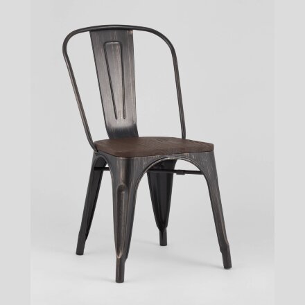 Стул Stool Group Tolix WOOD черный патина золото, основание и спинка оцинкованный металл, сиденье тёмное дерево
