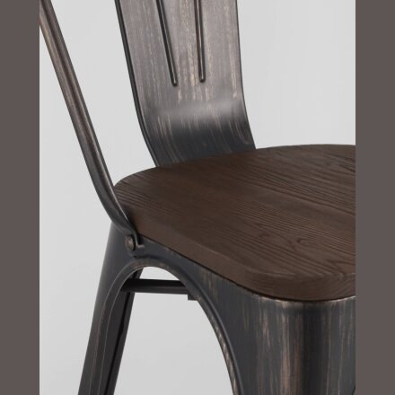 Стул Stool Group Tolix WOOD черный патина золото, основание и спинка оцинкованный металл, сиденье тёмное дерево