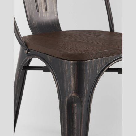 Стул Stool Group Tolix WOOD черный патина золото, основание и спинка оцинкованный металл, сиденье тёмное дерево